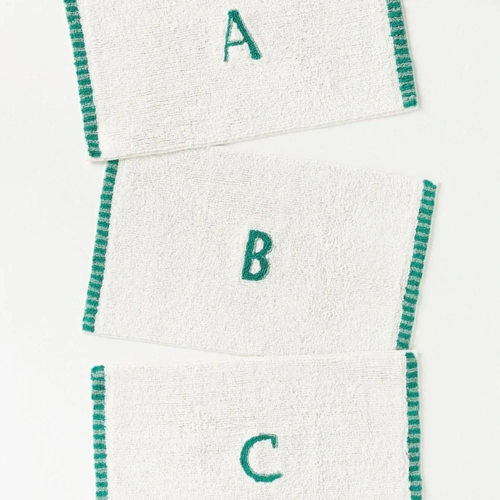 Anthropologie Monogram Embroidered Cotton Bath Mat - White with Green Accents